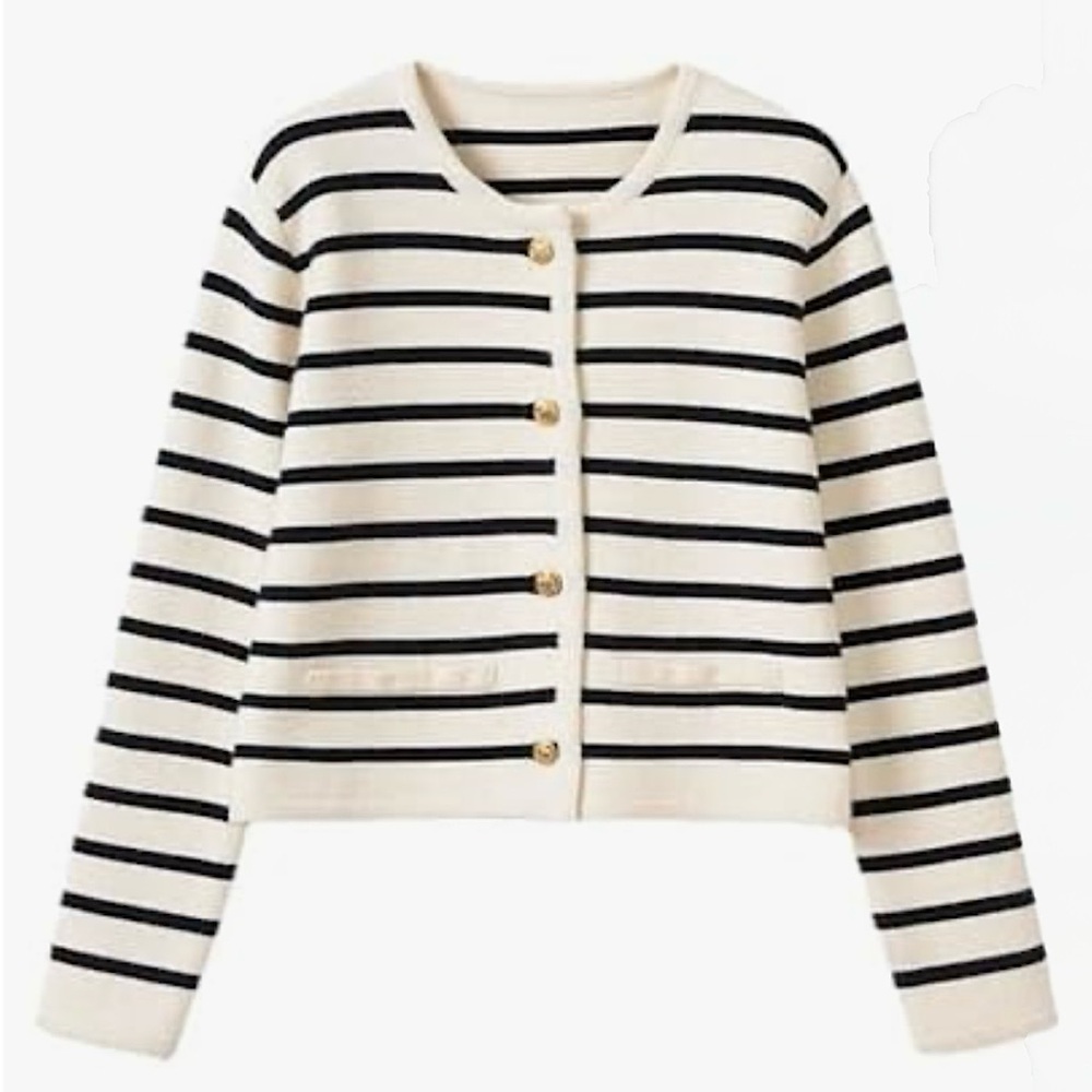 Old Money Navy and Ivory Striped Button Down Crewneck Sweater w/ Gold Buttons